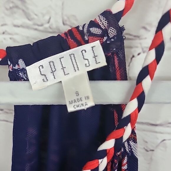 Spense Strappy Cami Navy Red Tank Sleeveless Braided Neck Mesh Blouse Shell Top - Picture 4 of 14